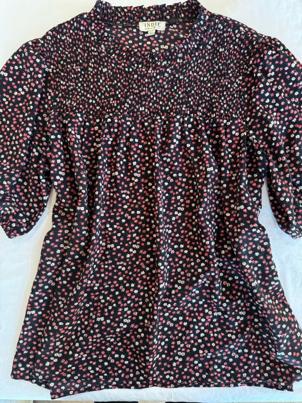 Indie & Co Floral Smocked Black Blouse with Pink & White Flowers L